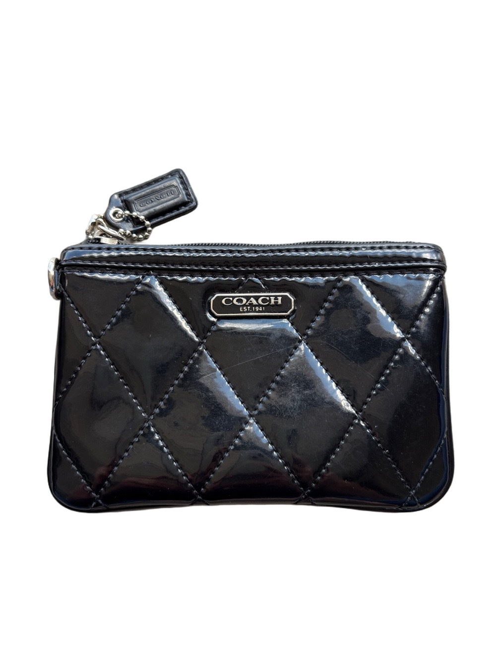 Coach Poppy Black Patent Leather Quilted Coin Card Pouch